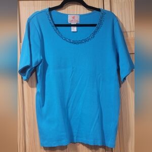 Quacker Factory Teal Blue Embellished Top Size L